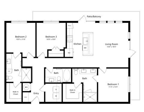 Floor plan for 3 beds, 3 baths, 1380 sqft